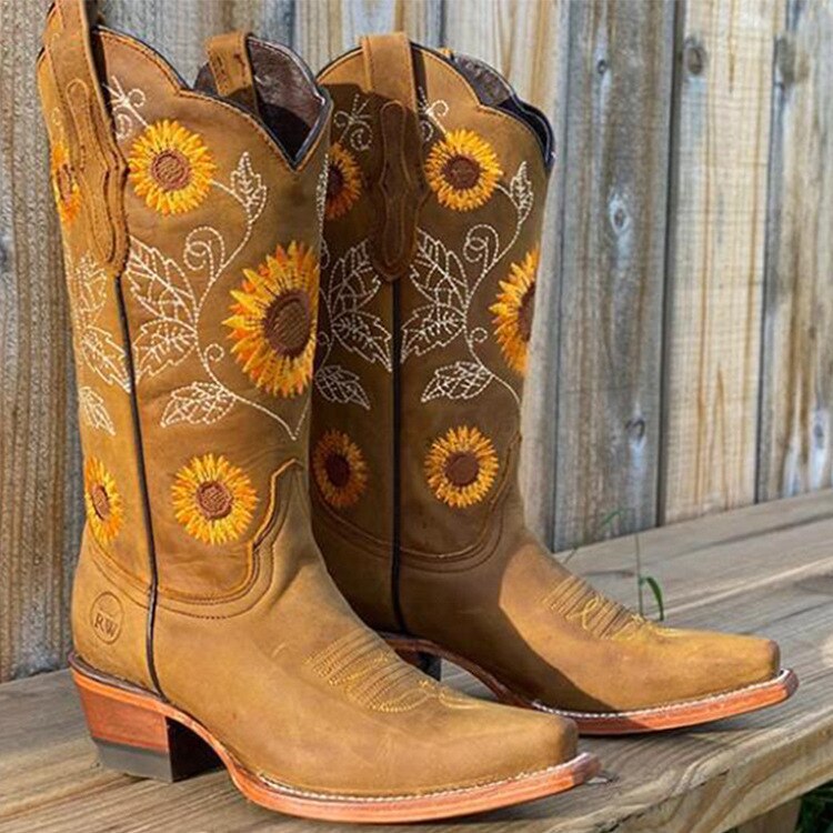 Brown women's Mira Bohemian Ibiza spirit ankle boots with sunflower print. Perfect for festival or casual wear.