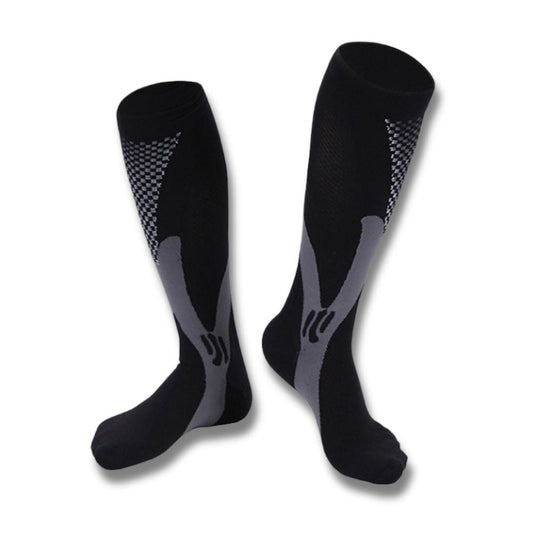 "Calzini a compressione unisex blu e nero, tessuto traspirante, ideali per sport e viaggi, migliorano circolazione e comfort.