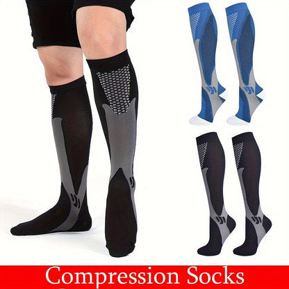 "Calzini a compressione unisex blu e nero, tessuto traspirante, ideali per sport e viaggi, migliorano circolazione e comfort.