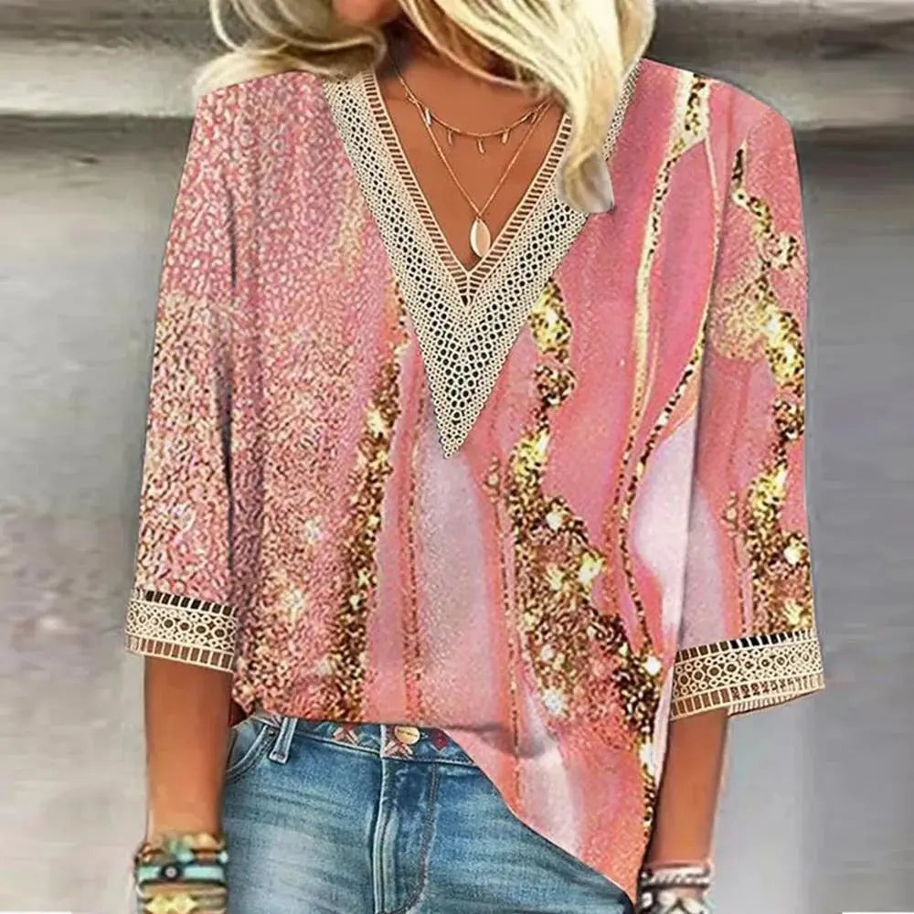"Camicetta estiva donna con scollo a V, maniche leggere, design elegante in tessuto fluido. Perfetta per look casual e formal