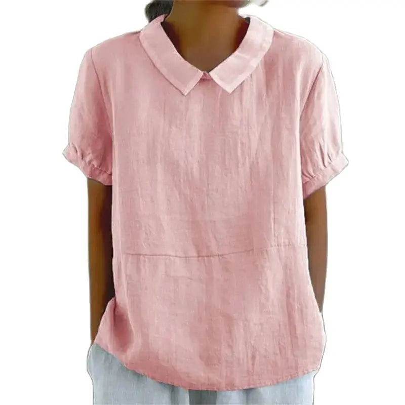"Camicetta estiva donna lino cotone, design a maniche corte, colletto classico, blu, perfetta per look casual e raffinati."