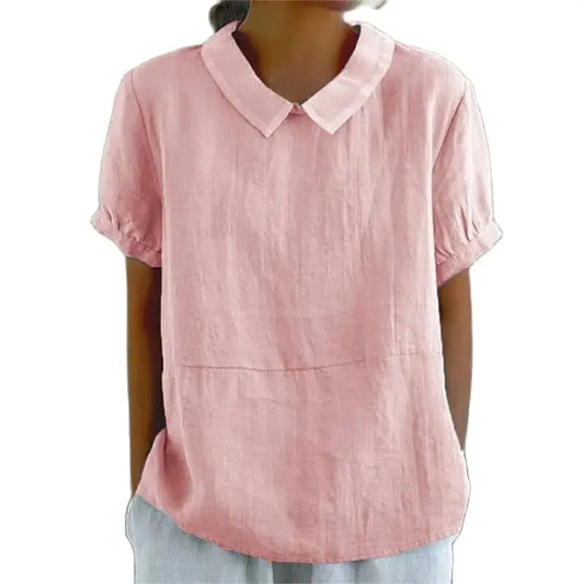 "Camicetta estiva donna lino cotone, design a maniche corte, colletto classico, blu, perfetta per look casual e raffinati."