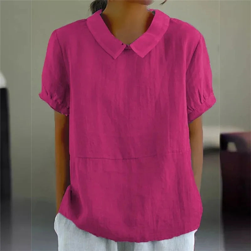 "Camicetta estiva donna lino cotone, design a maniche corte, colletto classico, blu, perfetta per look casual e raffinati."