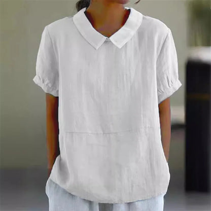 "Camicetta estiva donna lino cotone, design a maniche corte, colletto classico, blu, perfetta per look casual e raffinati."