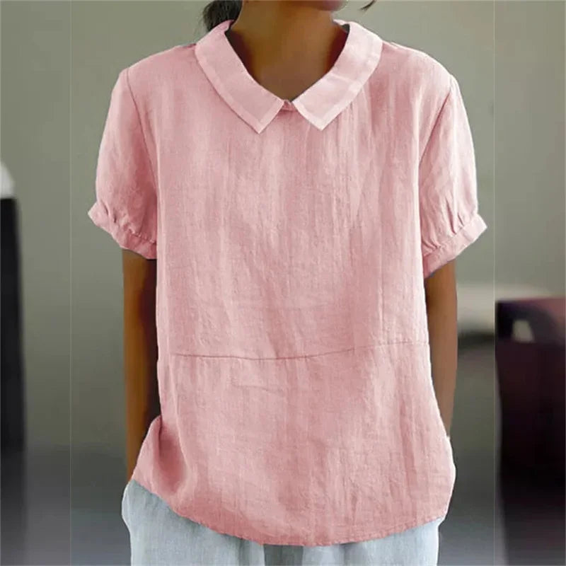 "Camicetta estiva donna lino cotone, design a maniche corte, colletto classico, blu, perfetta per look casual e raffinati."