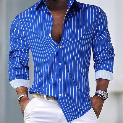"Camicia a righe uomo classica, colori vivaci, blu e rosso, design elegante e moderno, ideale per look casual ed eleganti."