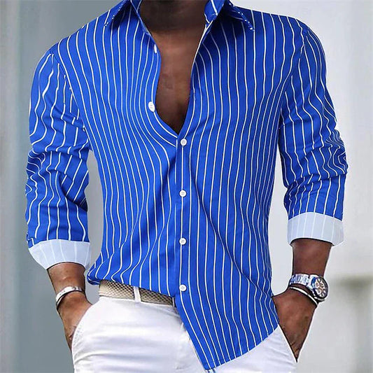 "Camicia a righe uomo classica, colori vivaci, blu e rosso, design elegante e moderno, ideale per look casual ed eleganti."
