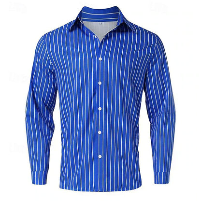 "Camicia a righe uomo classica, colori vivaci, blu e rosso, design elegante e moderno, ideale per look casual ed eleganti."
