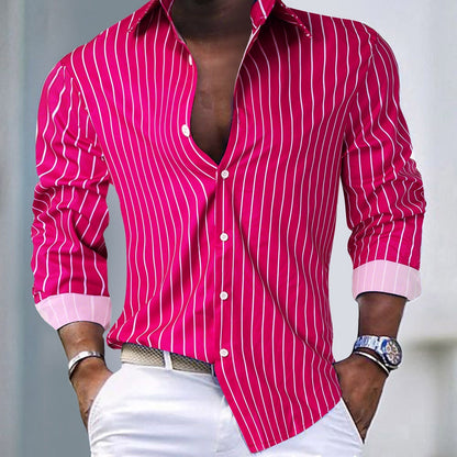 "Camicia a righe uomo classica, colori vivaci, blu e rosso, design elegante e moderno, ideale per look casual ed eleganti."