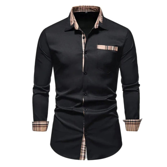 "Camicia classica da uomo, nera, taglio sartoriale, elegante e versatile, perfetta per eventi speciali o professionali."