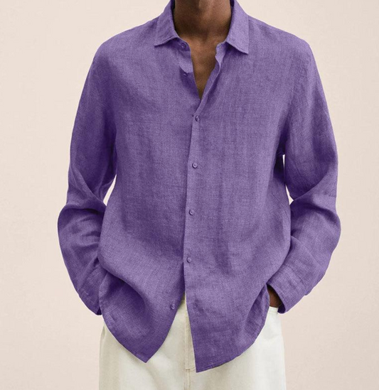 "Camicia classica uomo in lino bianco, maniche lunghe, traspirante e leggera, perfetta per look estivi eleganti e versatili."