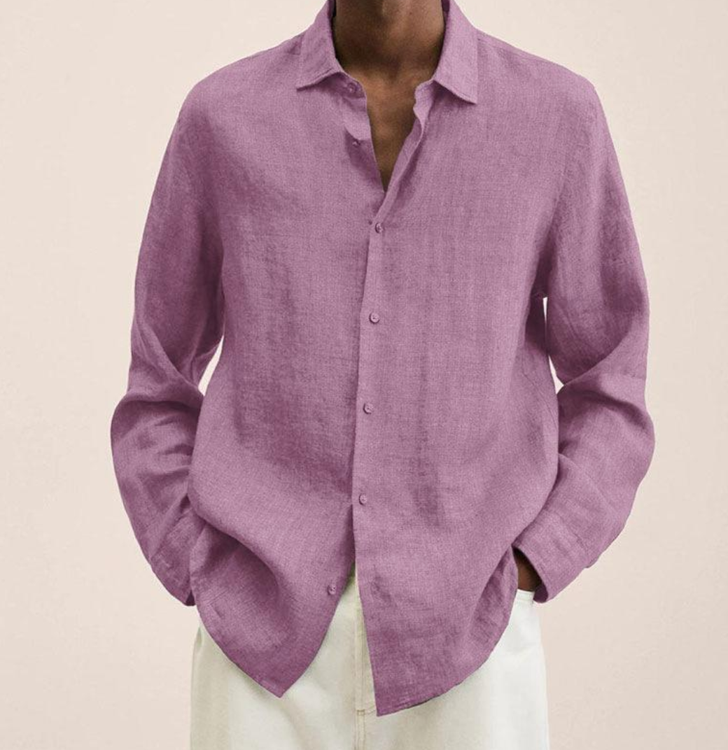 "Camicia classica uomo in lino bianco, maniche lunghe, traspirante e leggera, perfetta per look estivi eleganti e versatili."