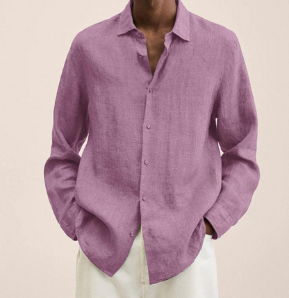"Camicia classica uomo in lino bianco, maniche lunghe, traspirante e leggera, perfetta per look estivi eleganti e versatili."
