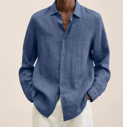 "Camicia classica uomo in lino bianco, maniche lunghe, traspirante e leggera, perfetta per look estivi eleganti e versatili."