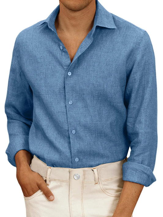 Camicia da uomo in lino bianco, leggera, a maniche lunghe, ideale per estate. Design classico, elegante e traspirante.