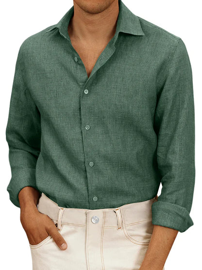 Camicia da uomo in lino bianco, leggera, a maniche lunghe, ideale per estate. Design classico, elegante e traspirante.