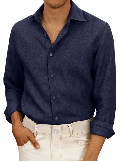 Camicia da uomo in lino bianco, leggera, a maniche lunghe, ideale per estate. Design classico, elegante e traspirante.
