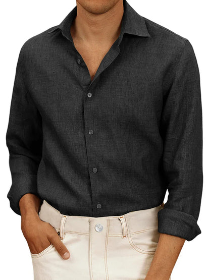Camicia da uomo in lino bianco, leggera, a maniche lunghe, ideale per estate. Design classico, elegante e traspirante.