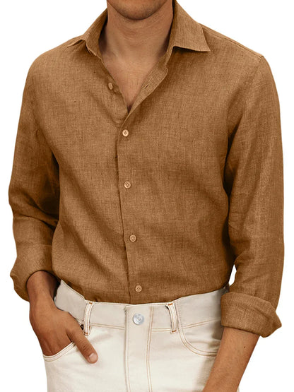 Camicia da uomo in lino bianco, leggera, a maniche lunghe, ideale per estate. Design classico, elegante e traspirante.