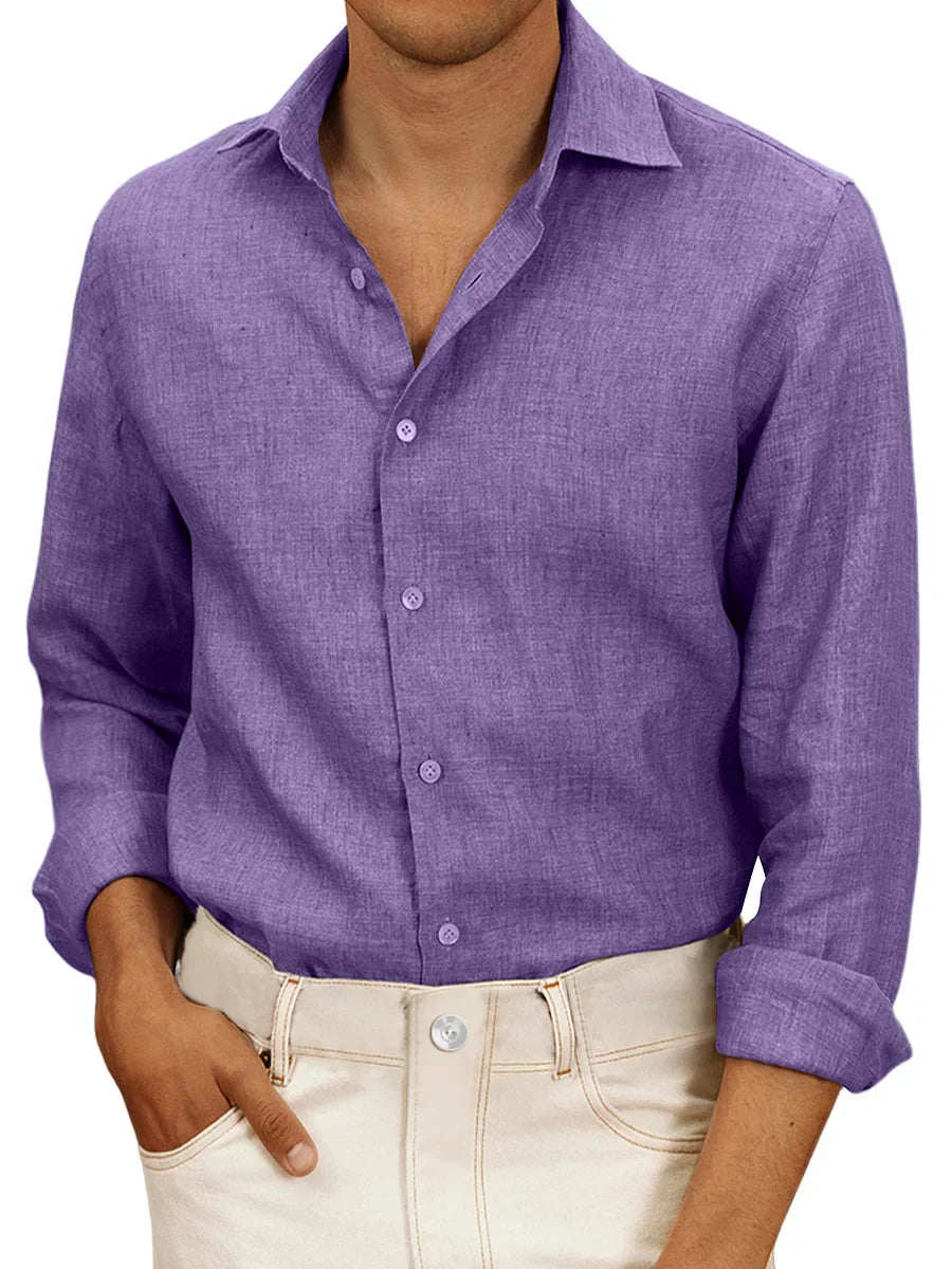 Camicia da uomo in lino bianco, leggera, a maniche lunghe, ideale per estate. Design classico, elegante e traspirante.