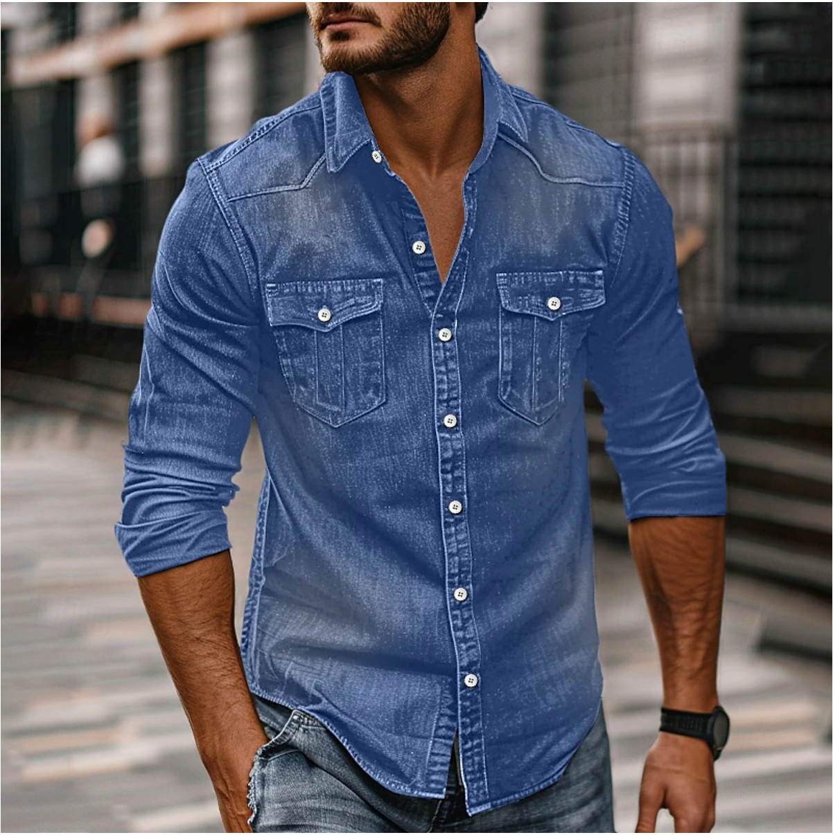 "Camicia denim uomo blu con colletto classic, tasche petto e vestibilità moderna, stile casual-elegante per ogni occasione."