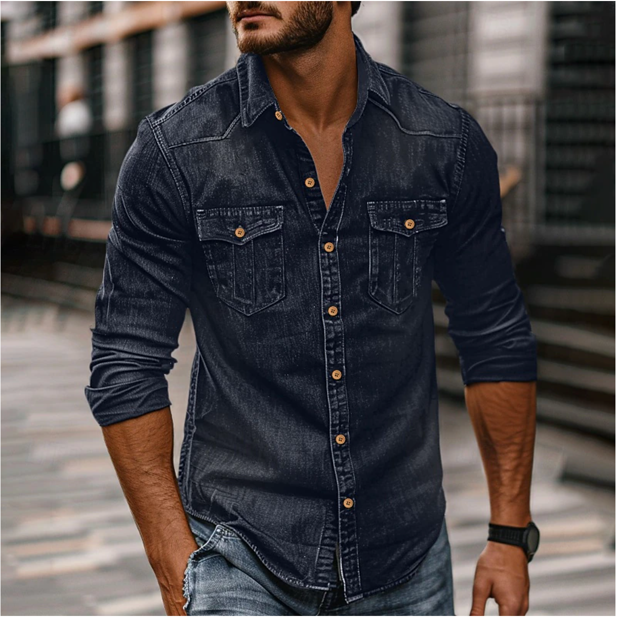 "Camicia denim uomo blu con colletto classic, tasche petto e vestibilità moderna, stile casual-elegante per ogni occasione."