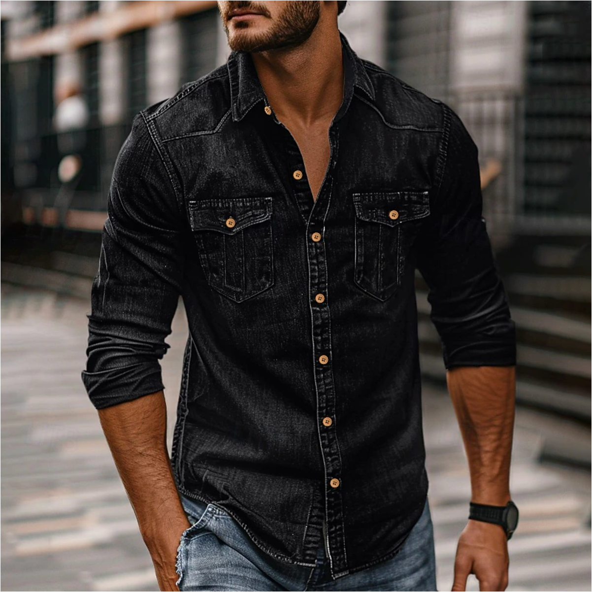 "Camicia denim uomo blu con colletto classic, tasche petto e vestibilità moderna, stile casual-elegante per ogni occasione."