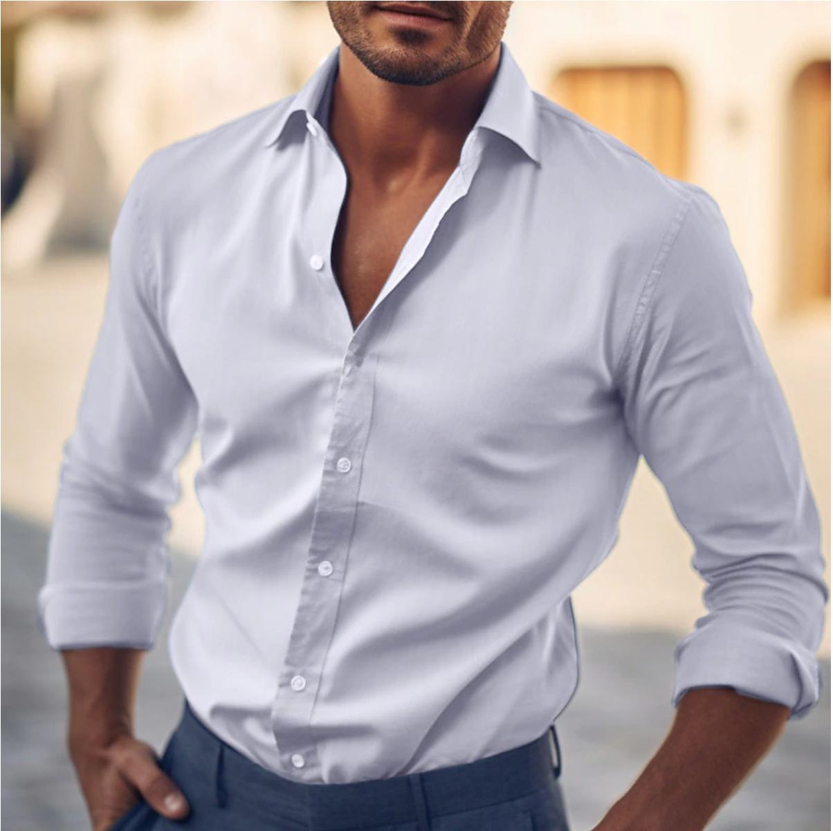"Camicia elegante da uomo in cotone bianco, taglio classico, ideale per look casual e formali, colletto strutturato."