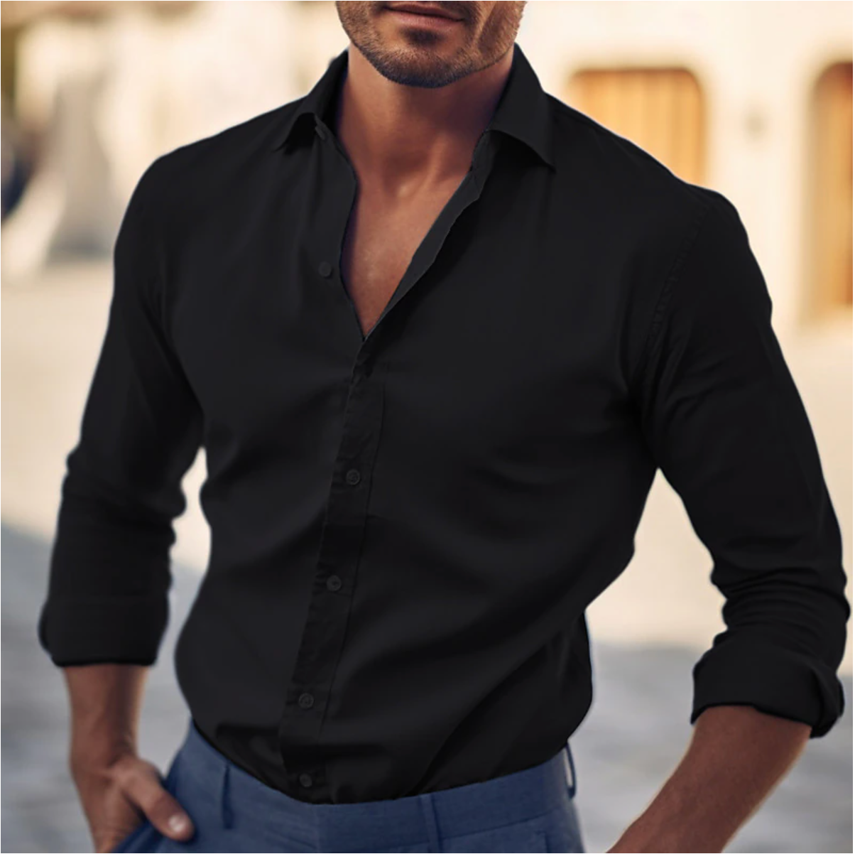 "Camicia elegante da uomo in cotone bianco, taglio classico, ideale per look casual e formali, colletto strutturato."