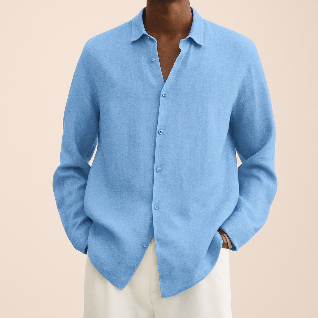 Camicia elegante uomo in lino, maniche lunghe, tessuto leggero e traspirante, ideale per look estivo moderno e raffinato.