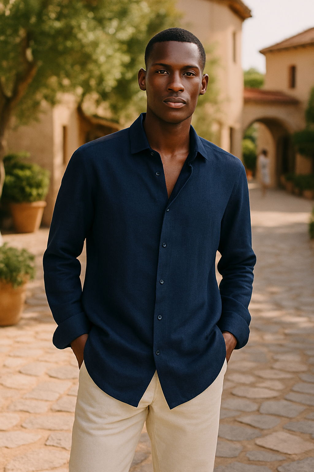 Camicia elegante uomo in lino, maniche lunghe, tessuto leggero e traspirante, ideale per look estivo moderno e raffinato.