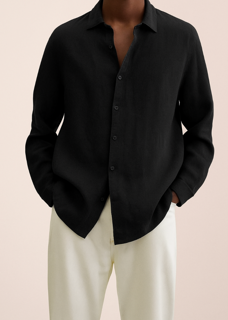Camicia elegante uomo in lino, maniche lunghe, tessuto leggero e traspirante, ideale per look estivo moderno e raffinato.