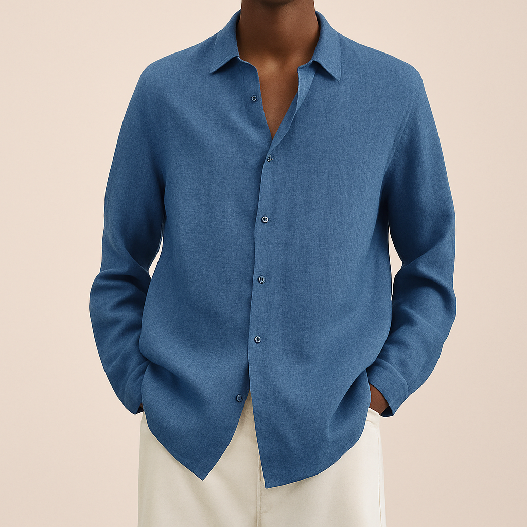 Camicia elegante uomo in lino, maniche lunghe, tessuto leggero e traspirante, ideale per look estivo moderno e raffinato.