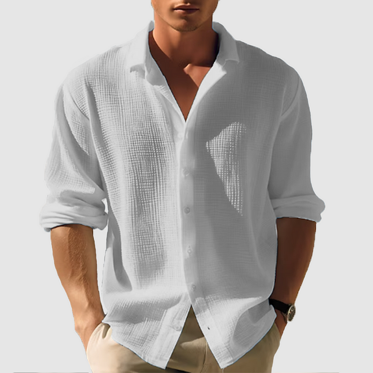 "Camicia estiva elegante da uomo, maniche lunghe, colore blu scuro, design classico e moderno, perfetta per ogni occasione."