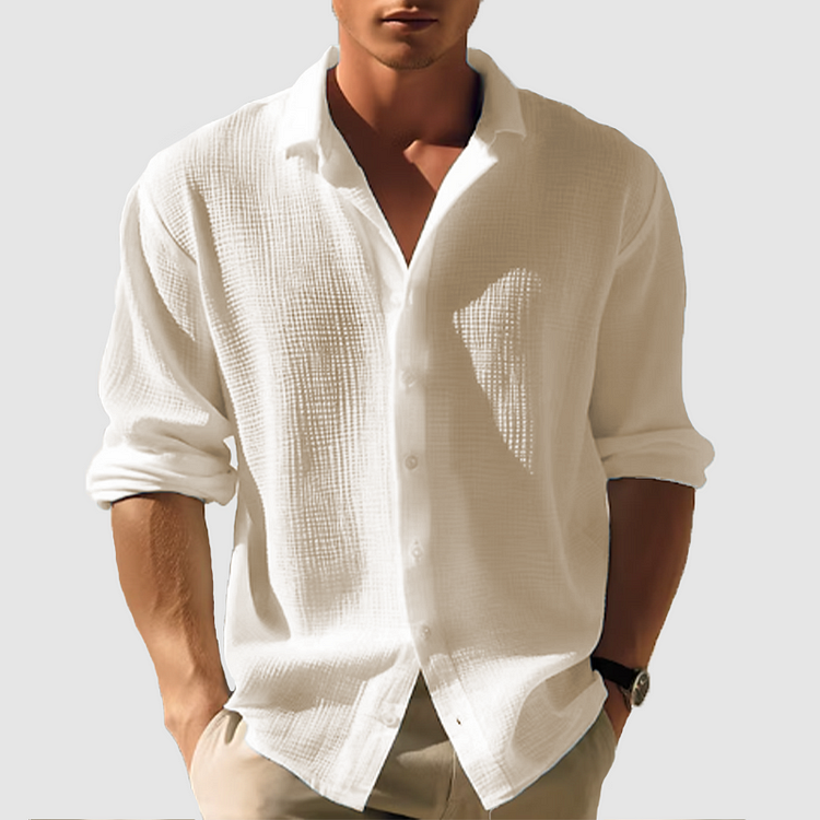 "Camicia estiva elegante da uomo, maniche lunghe, colore blu scuro, design classico e moderno, perfetta per ogni occasione."