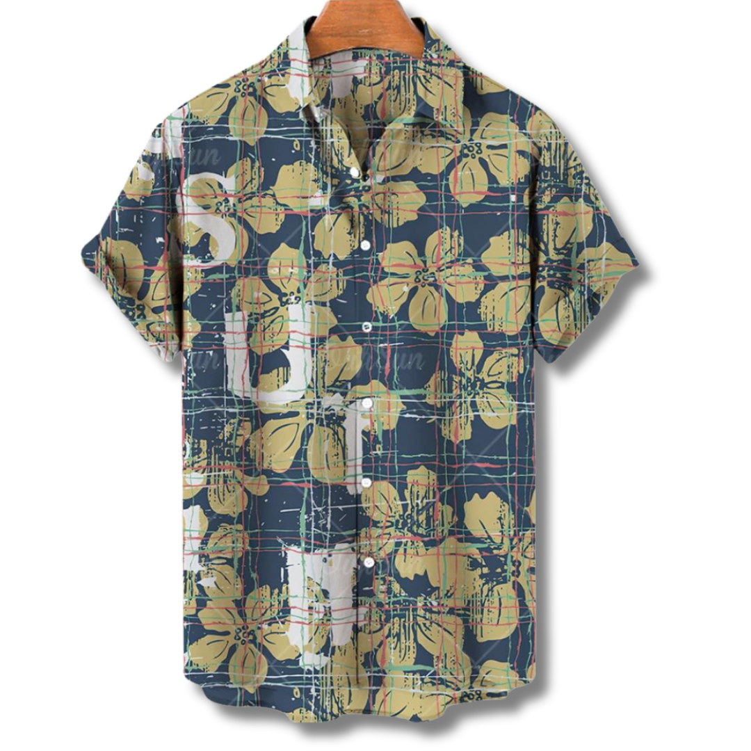 "Camicia Hawaii uomo con stampe tropicali colorate, tessuto leggero e vestibilità estiva, ideale per vacanze e feste."