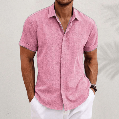 "Camicia uomo a maniche corte, tessuto leggero, design moderno, perfetta per giornate estive calde."