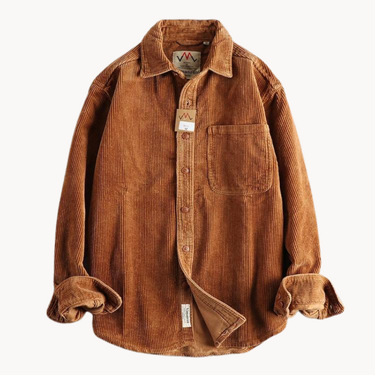 "Camicia uomo corduroy arancione con tasche sul petto, stile classico da lavoro, tessuto morbido e testurizzato."