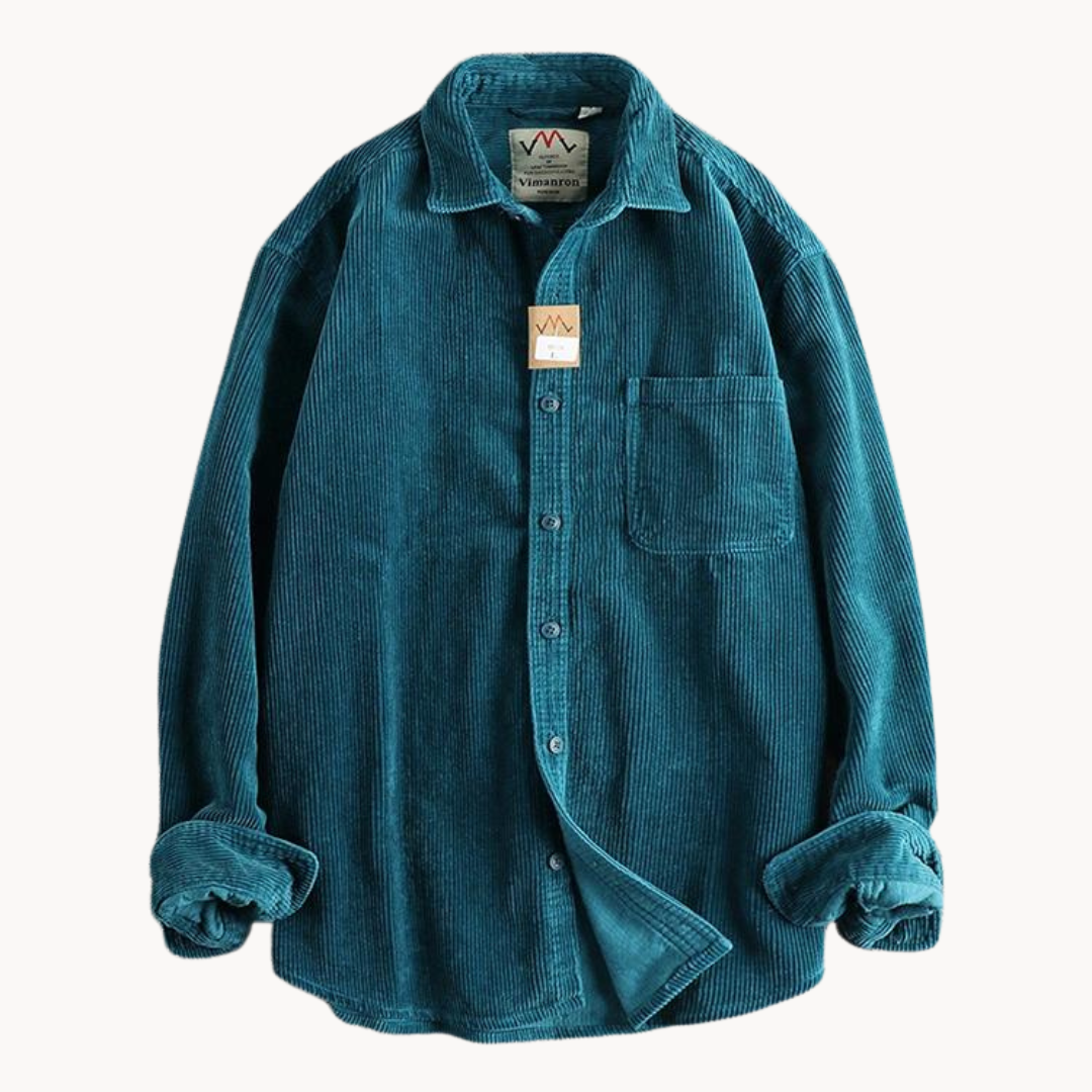 "Camicia uomo corduroy arancione con tasche sul petto, stile classico da lavoro, tessuto morbido e testurizzato."
