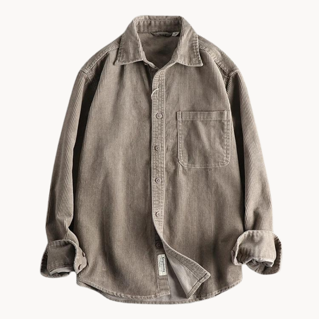 "Camicia uomo corduroy arancione con tasche sul petto, stile classico da lavoro, tessuto morbido e testurizzato."