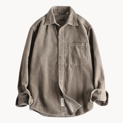 "Camicia uomo corduroy arancione con tasche sul petto, stile classico da lavoro, tessuto morbido e testurizzato."