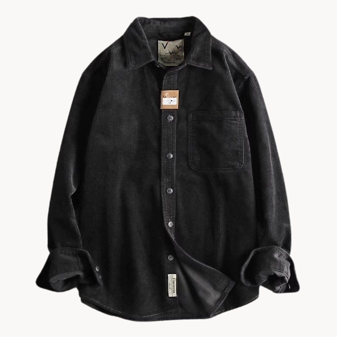 "Camicia uomo corduroy arancione con tasche sul petto, stile classico da lavoro, tessuto morbido e testurizzato."