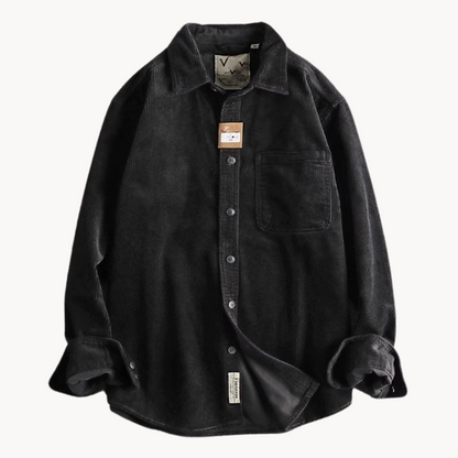 "Camicia uomo corduroy arancione con tasche sul petto, stile classico da lavoro, tessuto morbido e testurizzato."