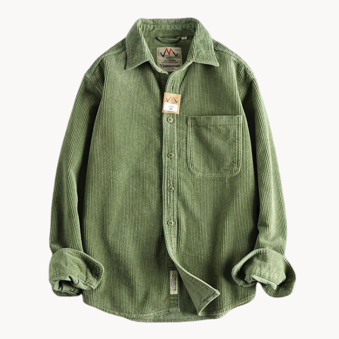 "Camicia uomo corduroy arancione con tasche sul petto, stile classico da lavoro, tessuto morbido e testurizzato."