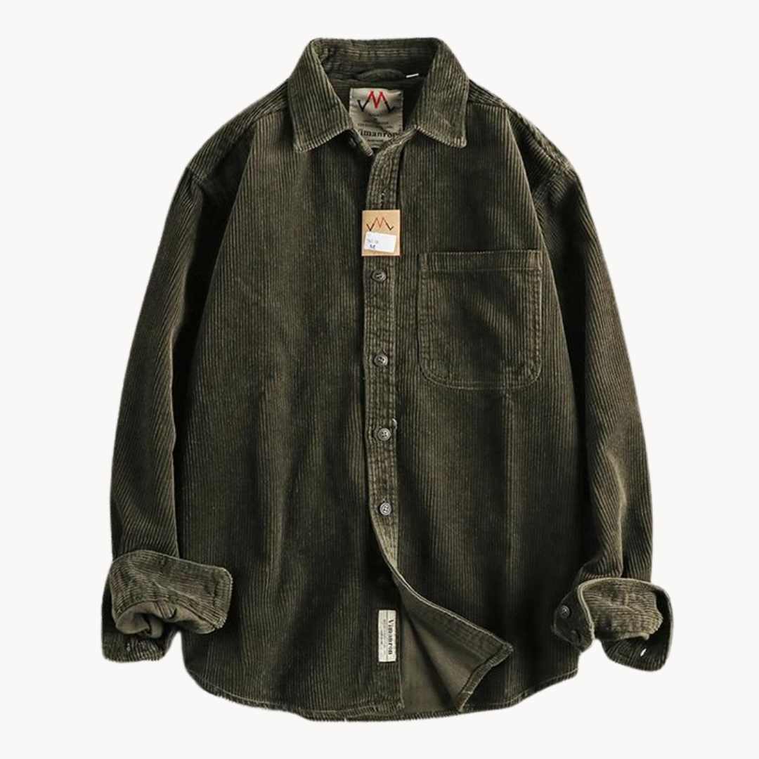 "Camicia uomo corduroy arancione con tasche sul petto, stile classico da lavoro, tessuto morbido e testurizzato."