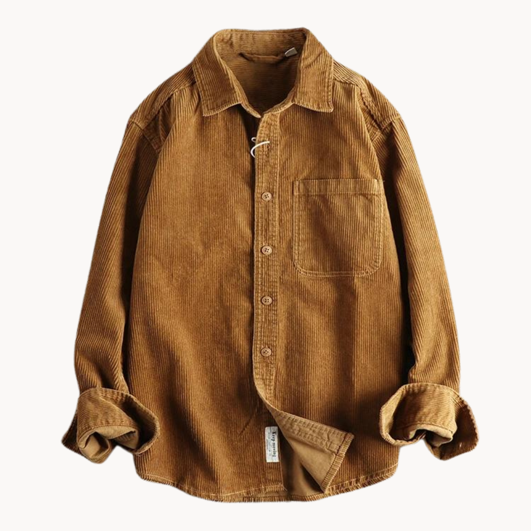 "Camicia uomo corduroy arancione con tasche sul petto, stile classico da lavoro, tessuto morbido e testurizzato."