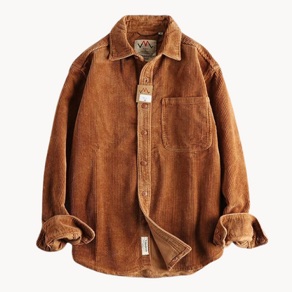"Camicia uomo corduroy arancione con tasche sul petto, stile classico da lavoro, tessuto morbido e testurizzato."