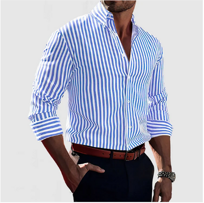 "Camicia uomo cotone a righe blu, design elegante e sofisticato, perfetta per occasioni formali e look casual"