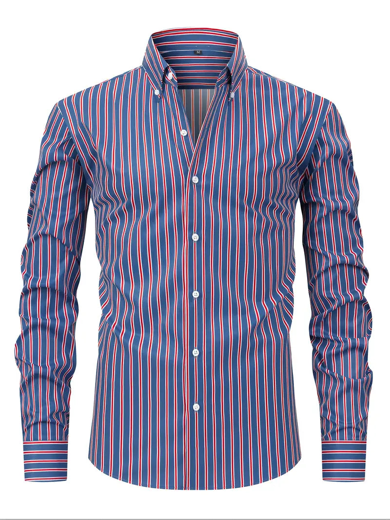 "Camicia uomo cotone righe eleganti, sfondo bianco con righe blu, vestibilità comoda, versatile per ogni occasione."