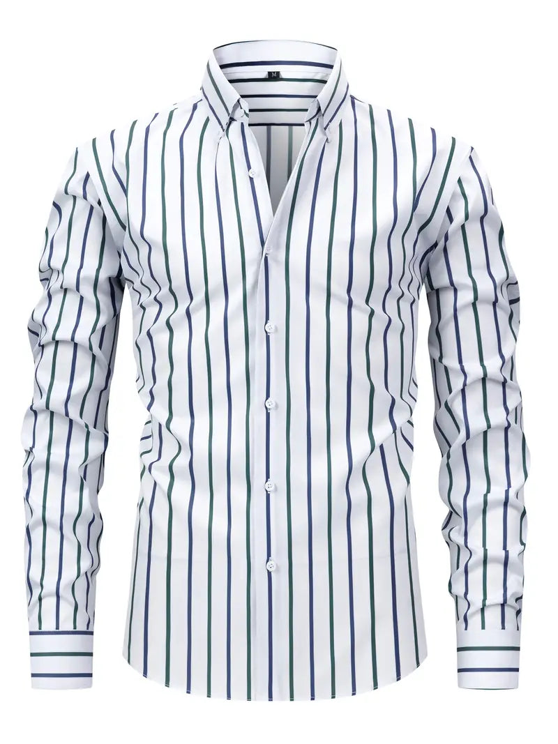 "Camicia uomo cotone righe eleganti, sfondo bianco con righe blu, vestibilità comoda, versatile per ogni occasione."